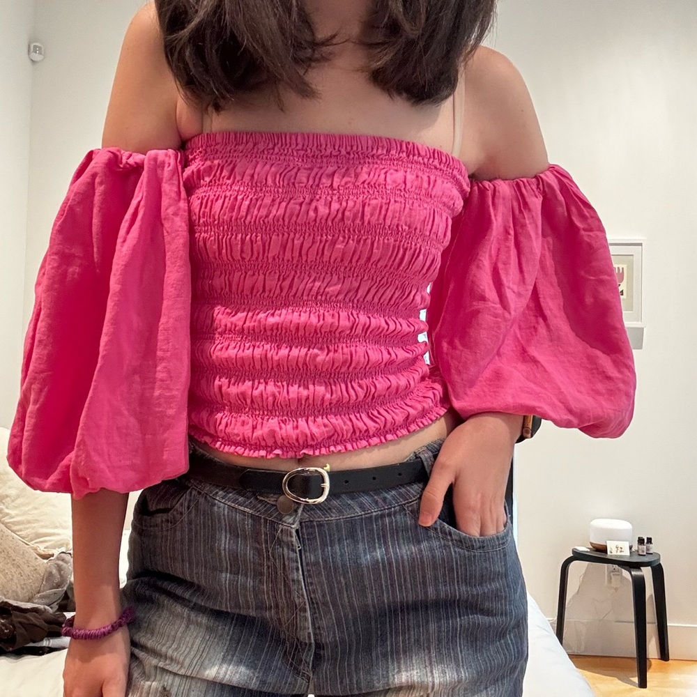Young Fabulous & Broke Yacht Top Off Shoulder in Tropical Pink linen XS